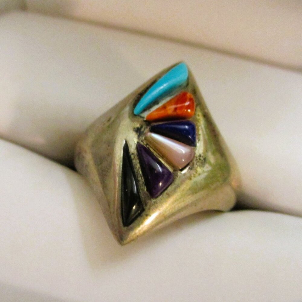CHAS RAY Navajo 925 Gemstone Ring ~ VINTAGE Sterling Silver Sunburst Size 7 Ring